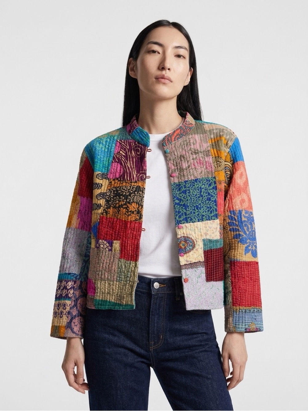 Multicolor Patchwork Button-Front Women's Jacket